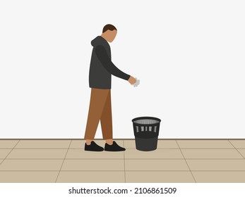Male character throwing garbage into wastebasket standing on the floor