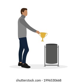 Male character throwing a golden cup in the trash can on white background