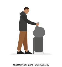 Male character throwing a large garbage bag into a small metal trash can on a white background