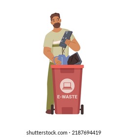 Carácter masculino lanzando dispositivos electrónicos o gadgets obsoletos o rotos en contenedores de reciclaje. Ecología y conciencia ambiental. Caricatura plana, vector de estilo plano