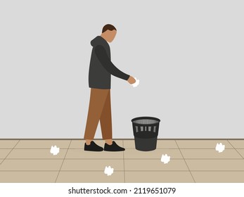Male character throwing papers into a wastebasket standing on the floor