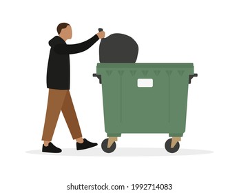 Male character throwing trash bag in trash can on white background