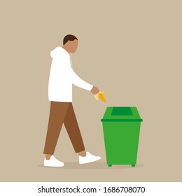 Male character throws a banana peel into an urn