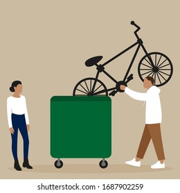 
A male character throws a bicycle into a dumpster, while a female character looks at it