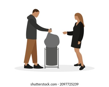 Male character throws a large garbage bag into a small trash can and female character reproaches him on a white background