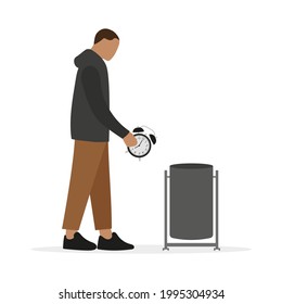 Male character throws out alarm clock in trash can on white background
