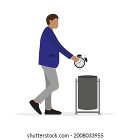 Male character throws out alarm clock in trash can on white background