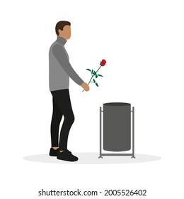 Male character throws out red rose in trash can on white background