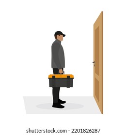 A male character with a tool box in his hand standing in front of the door on a white background