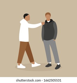 Male character touches another male character over the shoulder