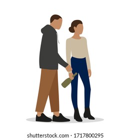 Male character touches a female character with a bottle in her hand