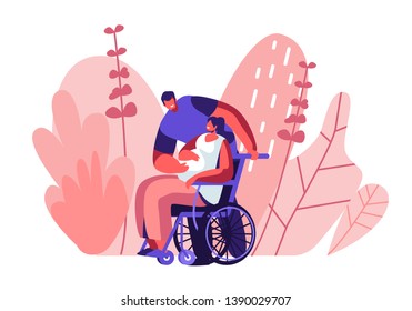 Male Character Touching Belly of Disabled Pregnant Woman Sitting on Wheelchair. Happy Family Relations, Pregnancy, Loving People Awaiting Baby. Invalid Girl Bear Child Cartoon Flat Vector Illustration