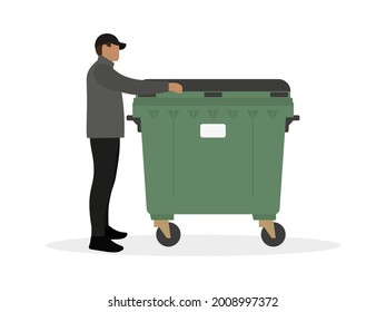 Male character touching the lid of a trash can on a white background