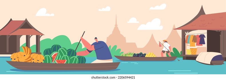 Male Character Trader Floating on Boat Sell Fruits at Water Market in Thailand. Salesman Sell and Buy Goods Float by River on Wooden Skiff with Paddle. Cartoon People Vector Illustration