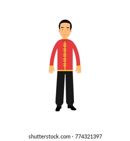 Male character in traditional chinese clothes. National costume. Smiling man wearing red jacket tunic with yellow buttons and black pants. Flat vector design