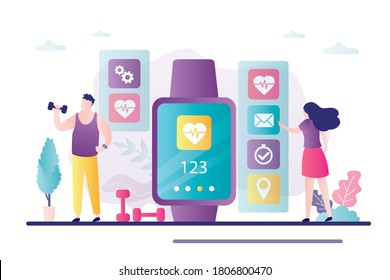 Male character trains with fitness tracker. Woman checks mail on smart watch. Concept of healthy lifestyle, new technology. Smartwatch measure heart rate and counts calories. Flat vector illustration