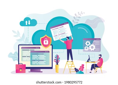 Male character transfers data to cloud storage. User configures and optimizes storage. Concept of cloud computing and data backup. Computer monitor with various information. Flat vector illustration
