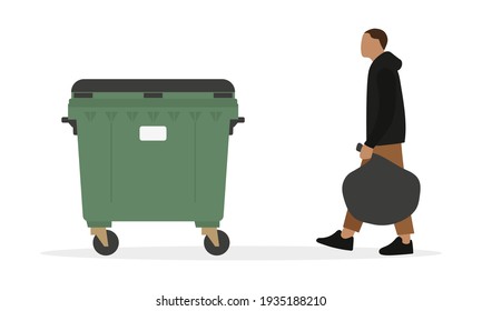 Male character with trash bag in hand goes to trash container isolated on white background