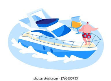 Male Character Traveling on Luxury Yacht at Sea on Summertime Vacation. Yachting Cruise, Summer Aquatic Tour Concept. Happy Man Drinking Cocktail Standing on Ship Deck. Cartoon Vector Illustration