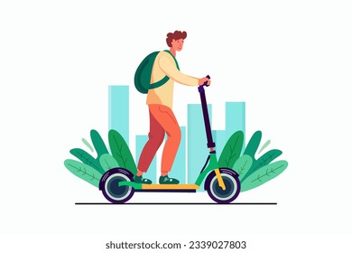 El personaje masculino viaja en un vehículo sostenible. Joven montando patinete eléctrico. Persona moderna manejando transporte ecológico verde ciudad urbana. Ilustración vectorial aislada.