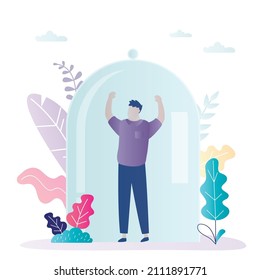 Male character trying to get out of glass dome. Concept of loneliness and claustrophobia. Lonely man fell into despair. Guy afraid of closed spaces. Person isolated from society. Vector illustration