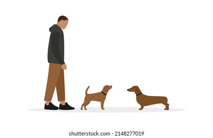 Male character and two dogs on white background
