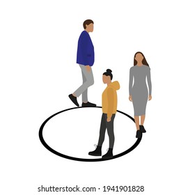 Male character and two female characters walking in a circle on a white background