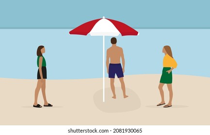 Male character and two female characters on the beach