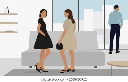 Male character and two female characters in elegant clothes in a room