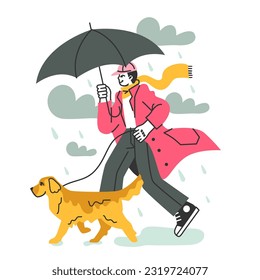 Männlicher Charakter unter dem Regen. Regen und bewölktes Wetter im Sommer oder Frühling. Guy unter Regenschirmen geht draußen mit seinem Hund golden Retriever. Flache Vektorgrafik