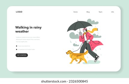 Male character under the rain web banner or landing page. Rainy and cloudy weather in summer or spring. Guy under umbrellas walking outdoor with his dog golden retriever. Flat vector illustration