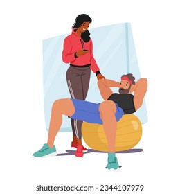 Male Character Undergoing Personalized Fitness Training With A Personal Coach. Man Pumping Press on Fitball. Instructor Help to Achieve Goals And Maximize Results. Cartoon People Vector Illustration