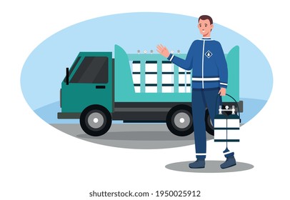 Male character in uniform is delivering gas cylinders. Smiling deliveryman parked his vehicle and holding petroleum gas cylinders delivery. Flat cartoon vector illustration