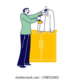 Male Character Use Steamer Iron for Clothing Cleaning Stand in Living Room. Man Household Activity, Home Chores and Routine. Domestic Appliance for Steaming Dry Dress Care. Linear Vector Illustration