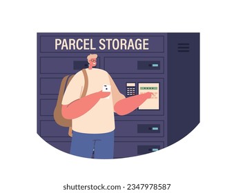 Male Character Uses Terminal For Secure And Convenient Parcel Storage. Man Enter Pin Code, Efficient Delivery Of Package