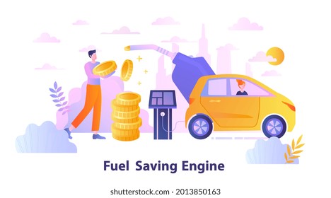 Carácter masculino está usando un auto con motor de ahorro de combustible. Concepto de nueva tecnología y motor de ahorro de combustible. Lote de gas, motor eficiente ecológico. Ilustración vectorial de dibujos animados planos