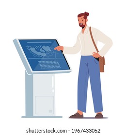 Male Character Using Info Kiosk Reading Information on Digital Interactive Device Screen with Area Plan. Man Visit Exhibition, Shopping Center or Museum with Self Service. Cartoon Vector Illustration