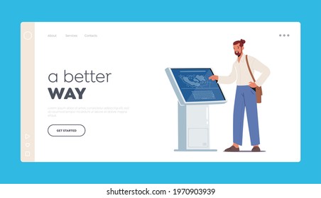 Male Character Using Info Kiosk Landing Page Template. Man Visit Exhibition, Shopping Center or Museum with Self Service for Reading Information on Screen with Area Plan. Cartoon Vector Illustration