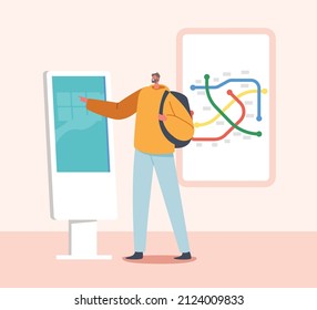 Male Character Using Info Kiosk in Subway Reading Information on Digital Interactive Device Screen with Underground Area Plan. Man Use Self Service for Buying Tickets. Cartoon Vector Illustration