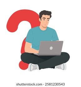 Male Character Using Laptop, Question Mark Concept for Decision-Making, Planning, and Research, Vector Illustration for Slides