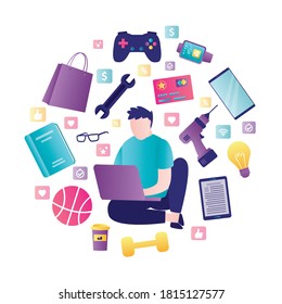 Male character using laptop for shopping in online store. Different objects around man. Concept of internet shopping, e-commerce and marketing. Banner in trendy style. Flat vector illustration