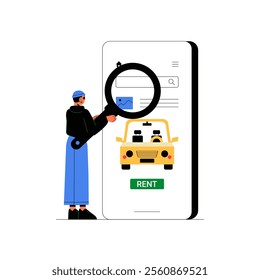 Male Character Using Magnifying Glass To Search Car Rental Options On Smartphone In Flat Vector Illustration Symbolizing Research, Navigation, And Mobility, Isolated On White Background.