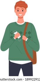 Male character is using a medical mask. Boy is posing. Young man in medical mask vector illustration isolated. Self-isolation during quarantine and pandemic. Student remove face mask