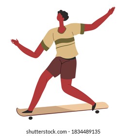 Male character using skating board for transportation in city or town. Practicing and training in skatepark, action and extreme active lifestyle. Sports and hobbies of personage vector in flat