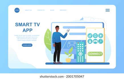 Male character is using smart TV on big display. Concept of smart TV technology, Internet TV, online TV streaming. Website, web page, landing page template. Flat cartoon vector illustration
