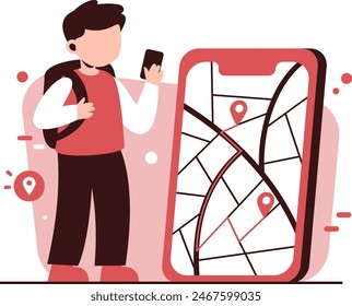 A Male character using smartphone for search location. Vector illustration