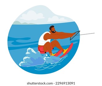 Male Character Using Specialized Skis Moving Swiftly Through The Water, Carving Turns, Jumping Wakes And Catching Air, While Feeling The Thrill Of Speed. Cartoon People Vector Illustration