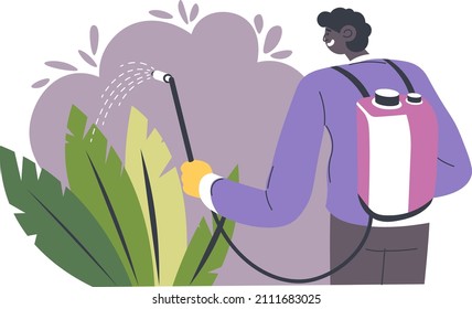 Carácter masculino utilizando pulverizador para plantas y follaje, luchando contra insectos y protegiendo la flora de escarabajos dañinos. Agricultura y jardinería, agricultura y trabajos de campo. Vector de estilo plano