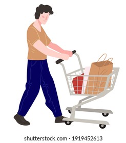 Male character using trolley to transport bought goods in store or market. Personage shopping in shop buying products and presents. Customer or purchaser with cart in marketplace. Vector in flat style