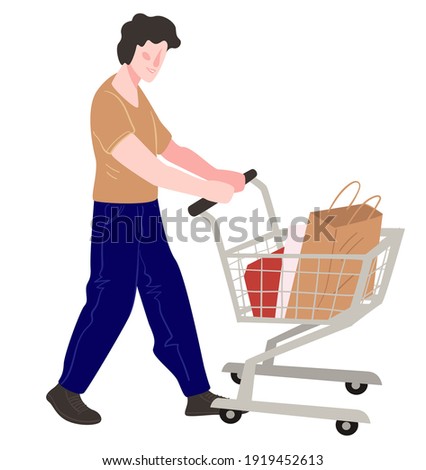 Male character using trolley to transport bought goods in store or market. Personage shopping in shop buying products and presents. Customer or purchaser with cart in marketplace. Vector in flat style